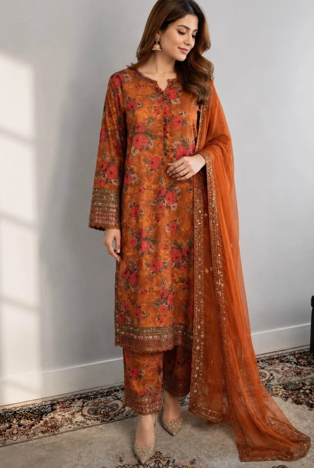 Elegant Floral Embroidered Lawn Suit – 3 Piece Set Small Size