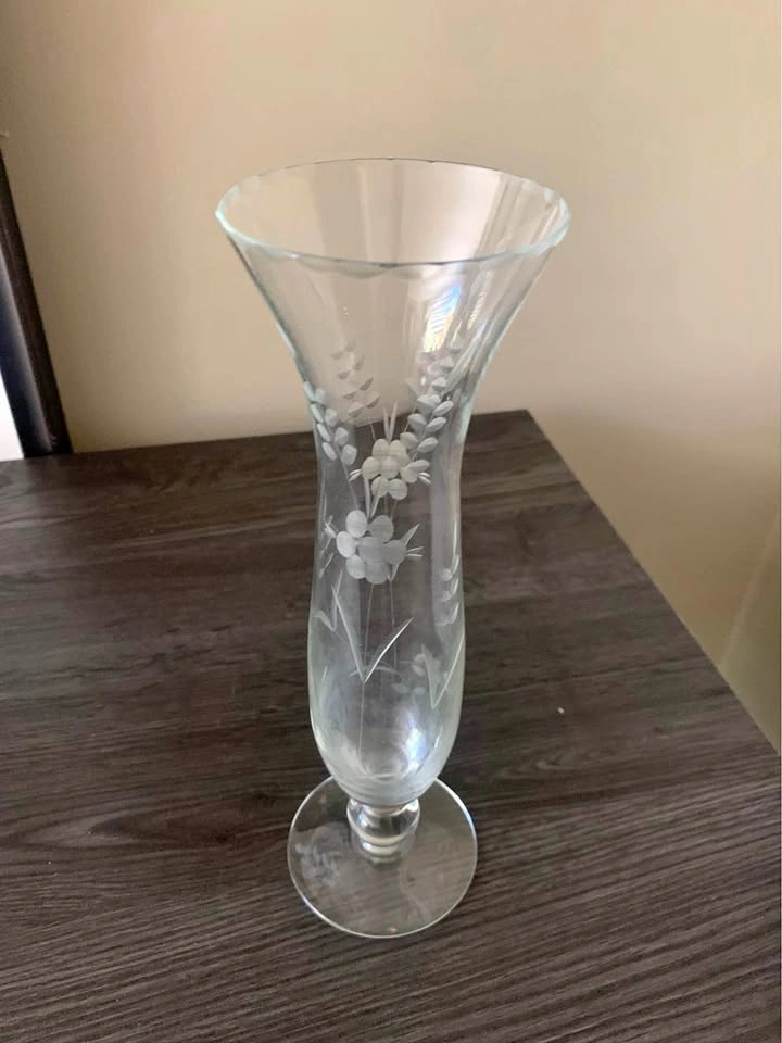 Etched Floral Glass Pedestal Vase