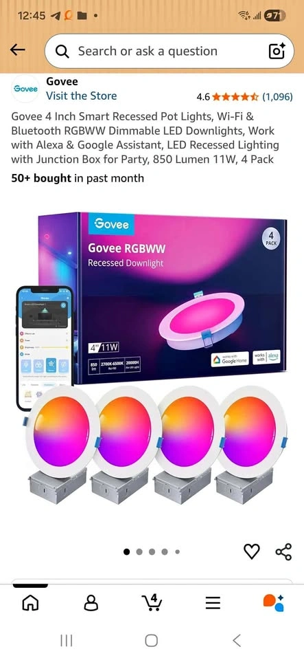 Govee 4 Inch Smart Recessed Pot Lights, 4 Pack
