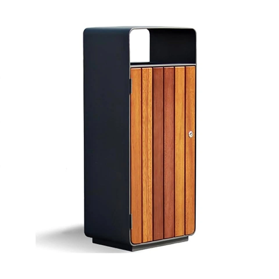 Outdoor Trash Bin Durable Steel with Wood Panel