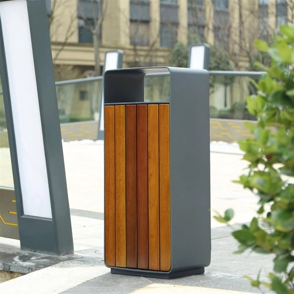 Outdoor Trash Bin Durable Steel with Wood Panel - photo 5