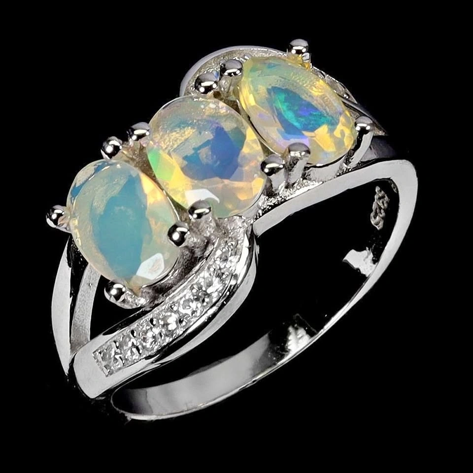 Rich Color Play Opal Ring 14K White Plated Silver Size 8