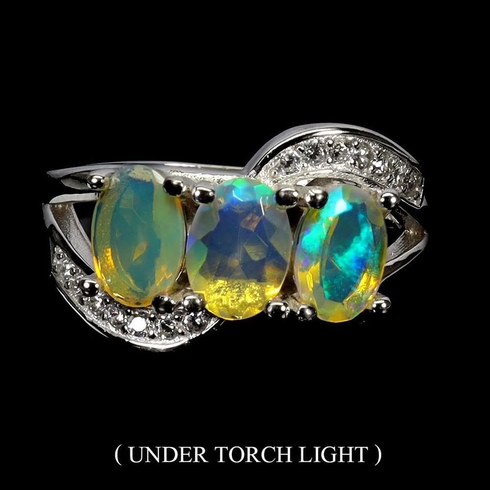 Rich Color Play Opal Ring 14K White Plated Silver Size 8 - photo 2