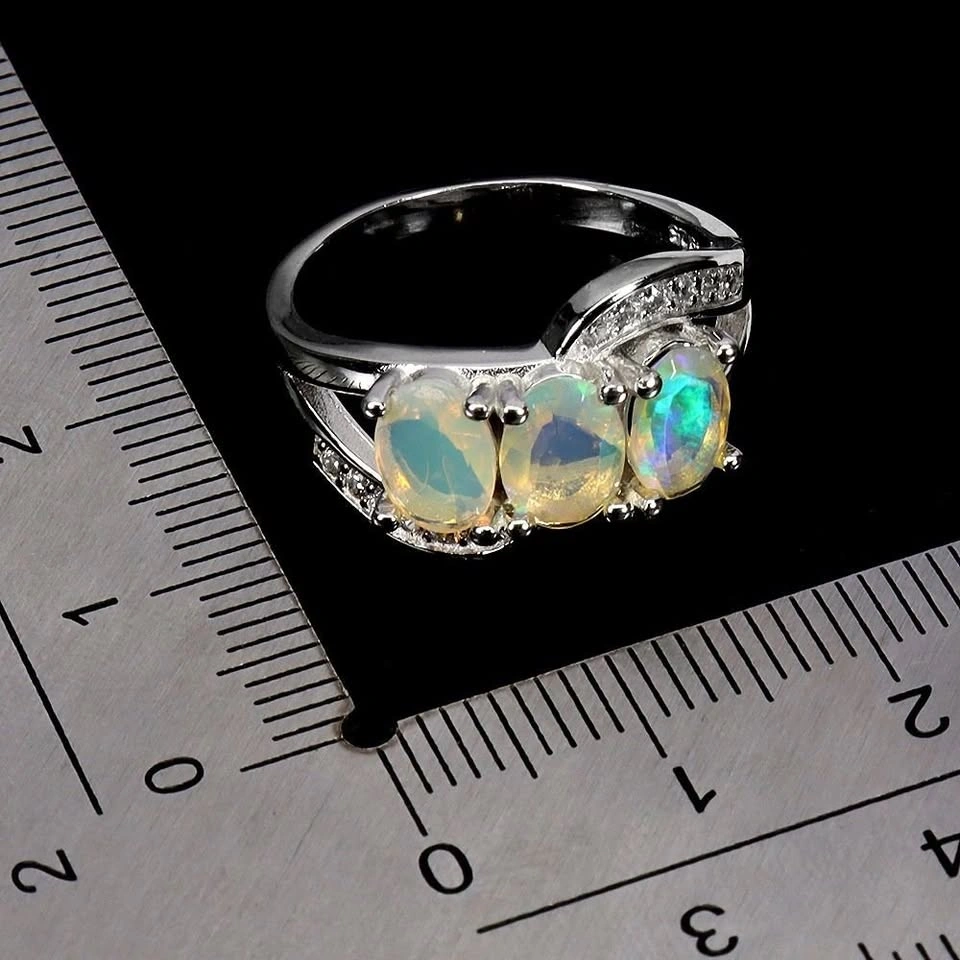 Rich Color Play Opal Ring 14K White Plated Silver Size 8 - photo 3
