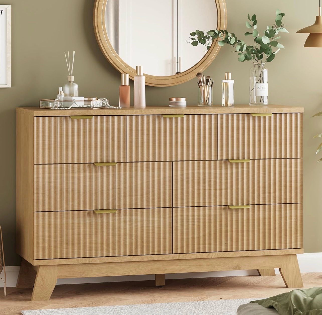 Fluted Dresser 7 Drawers, 48" Wide Modern Chest - Oak - New
