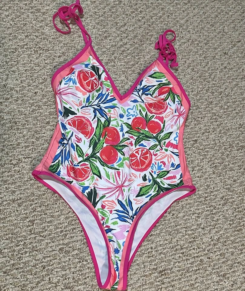 NEW V-neck one piece swimsuit floral fruit print pink trim tie s