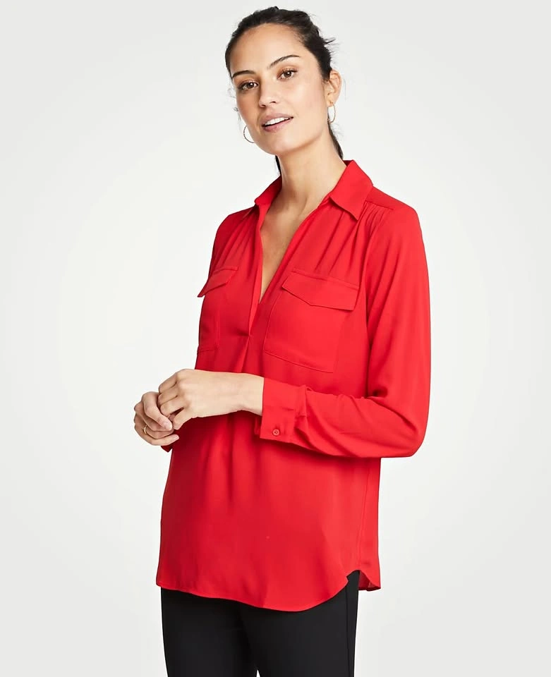 Ann Taylor Popover Blouse Small Petite SP Hot Pink⚽️