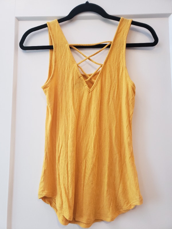 Bundle of two womens size small tops, yellow tank top and v-neck - photo 4