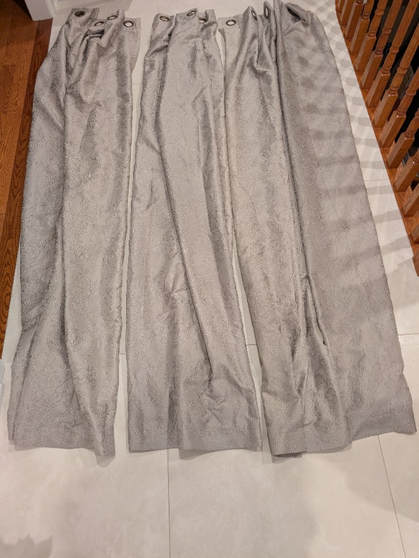 3 grey curtain panels. Each panel: 97 x 54 inch