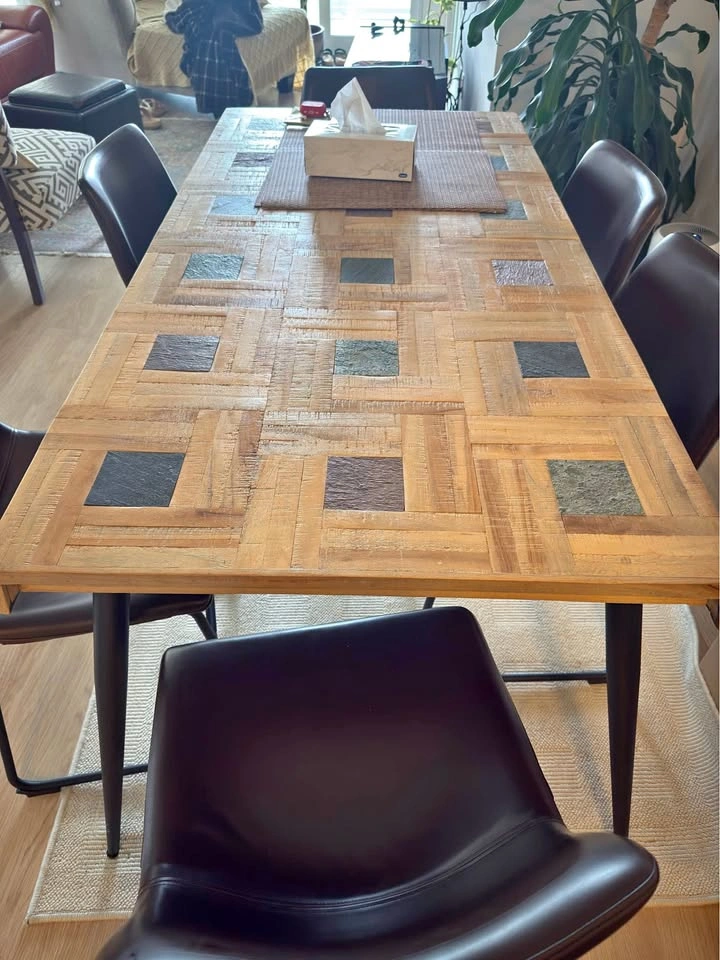 Rustic Wood and Slate Inlay Dining Table with 6 Chairs