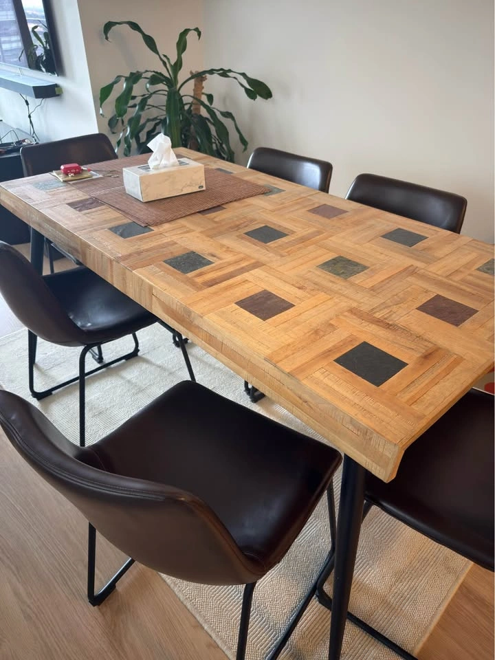 Rustic Wood and Slate Inlay Dining Table with 6 Chairs - photo 2