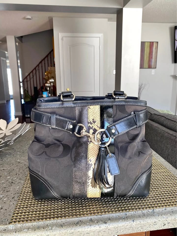 Coach Black Tote with Gold Snake-Accent and Tassel