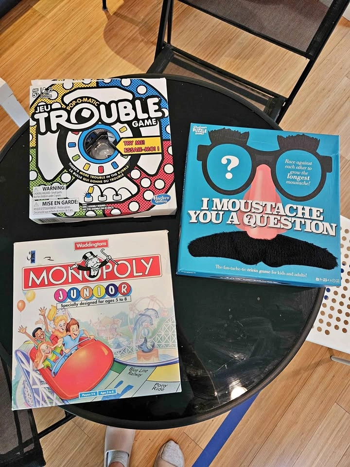 Board games: Trouble, Monopoly Junior & I Moustache you a Questi
