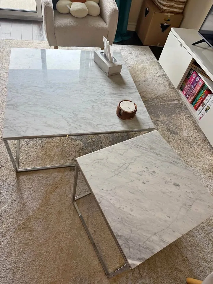 Marble and Chrome Coffee Table and Side Table Set