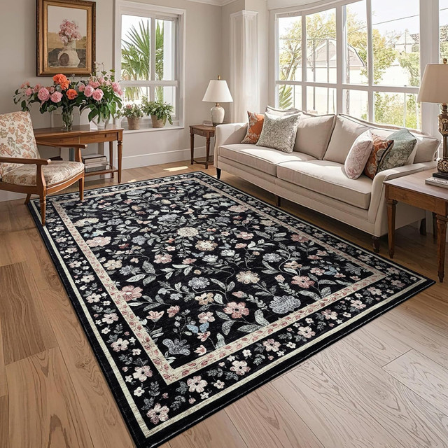8x10 Washable Area Rug – Soft Black Vintage Floral Carpet