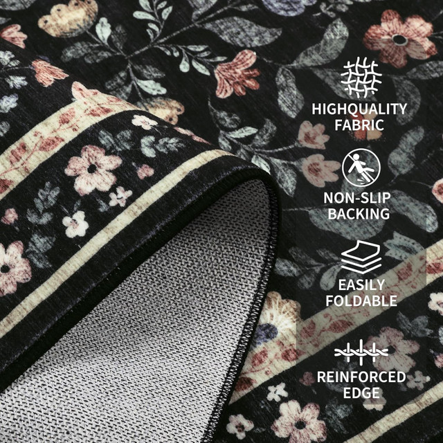 8x10 Washable Area Rug – Soft Black Vintage Floral Carpet - photo 4