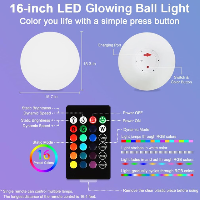 16" RGB LED Globe Light Outdoor/Indoor Color Changing Ball - photo 2