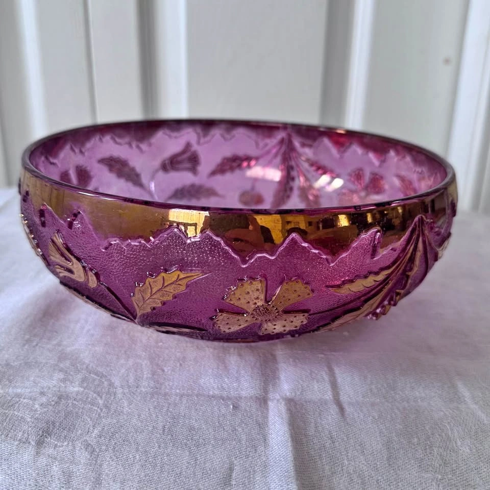 Vintage cranberry glass bowl with gold leaf details