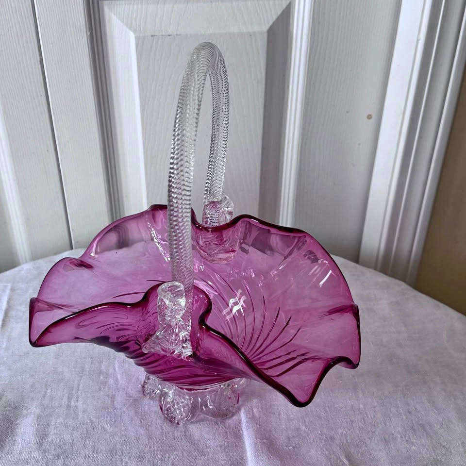 Large antique cranberry glass flower basket