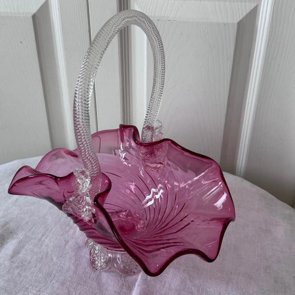 Large antique cranberry glass flower basket - photo 2