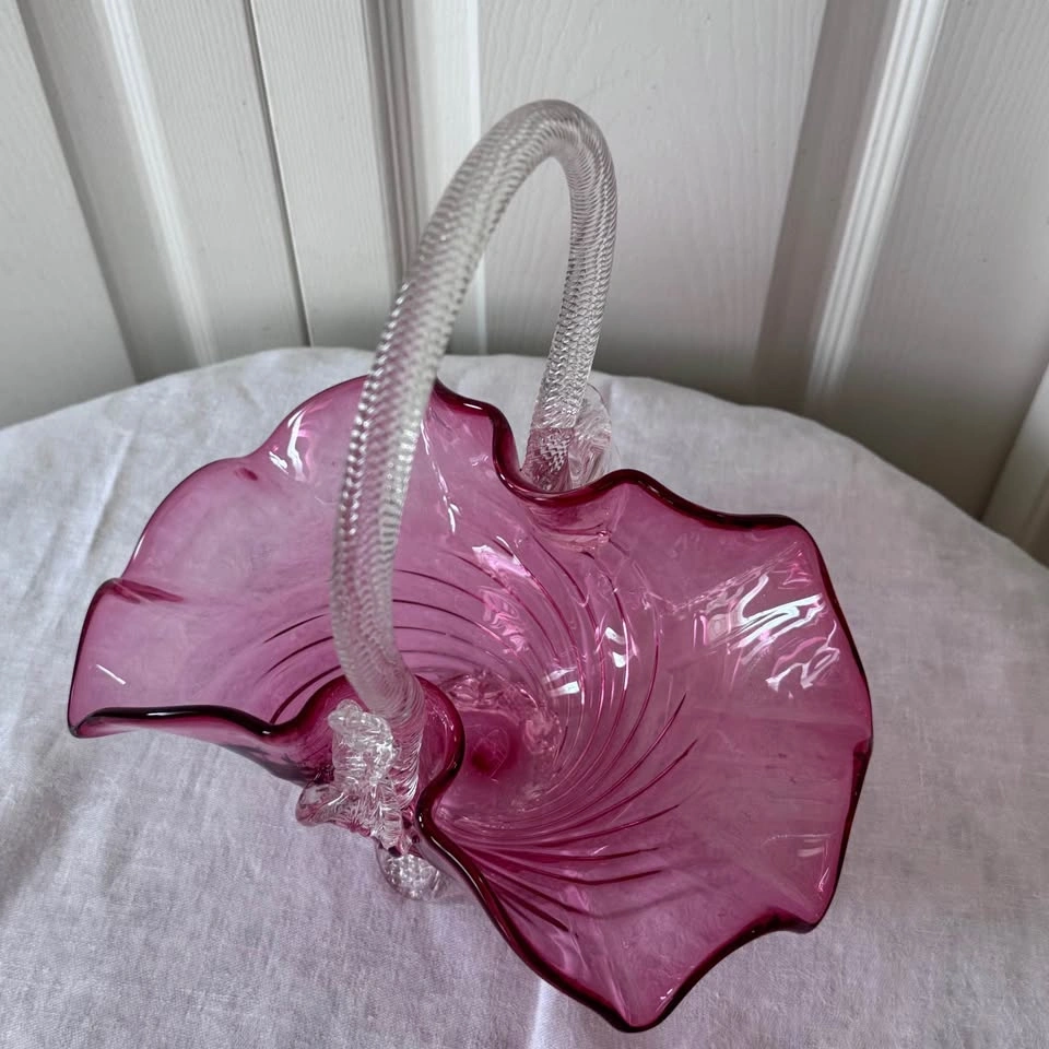 Large antique cranberry glass flower basket - photo 3