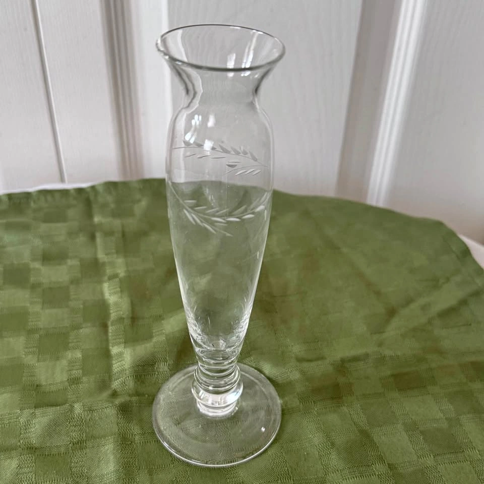 Vintage small crystal bud vase with etching