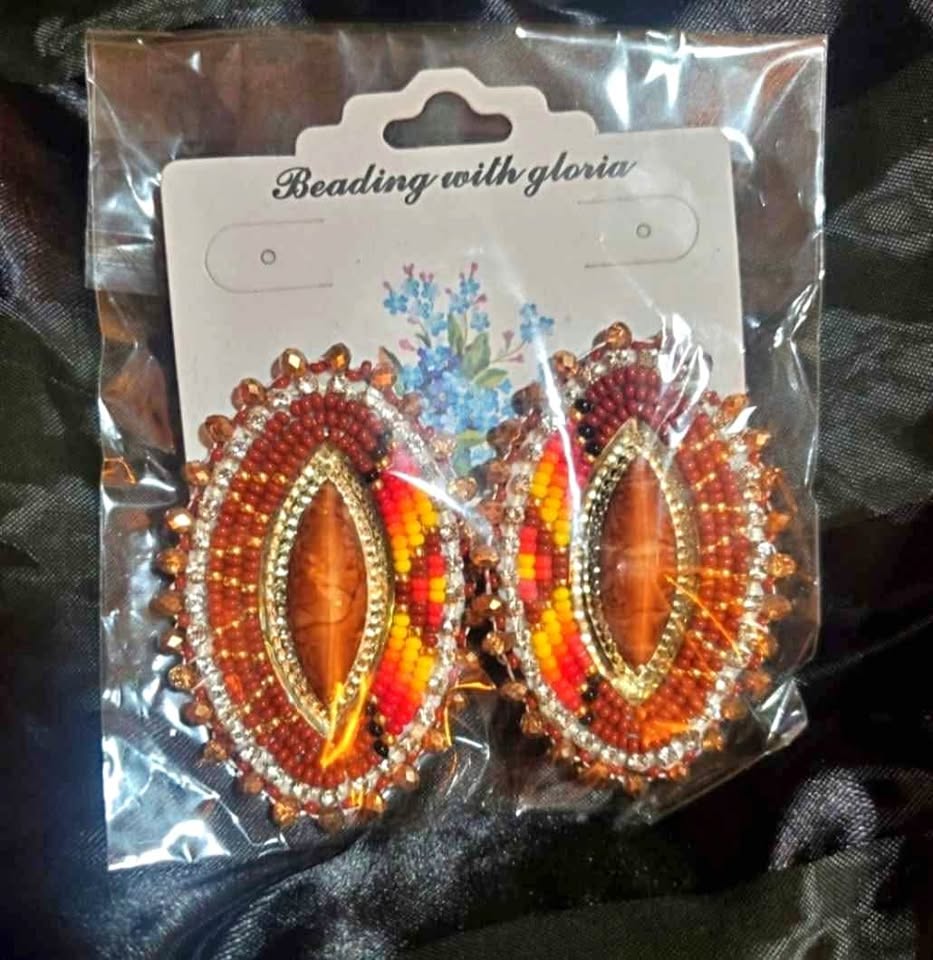 Indigenous beaded earrings brand new brown orange red yellow