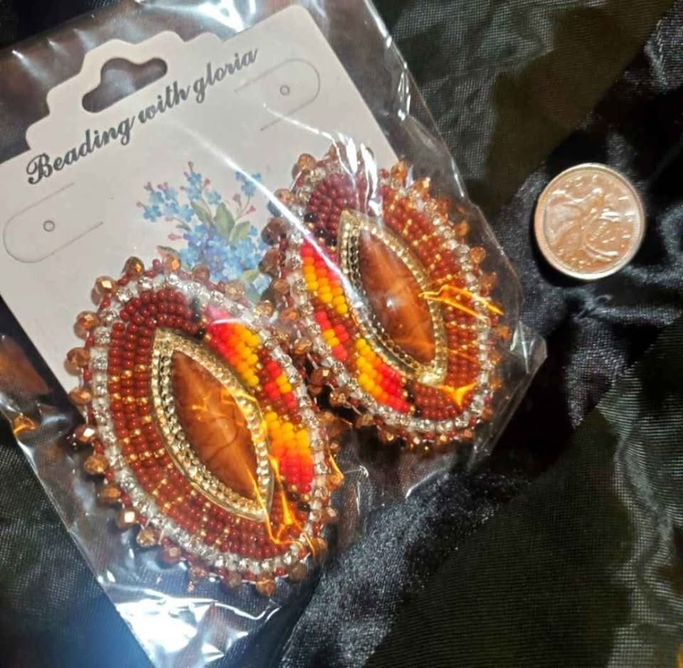 Indigenous beaded earrings brand new brown orange red yellow - photo 2