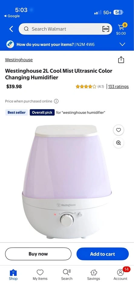 Westinghouse 2L Cool Mist Ultrasonic Color Changing Humidifier