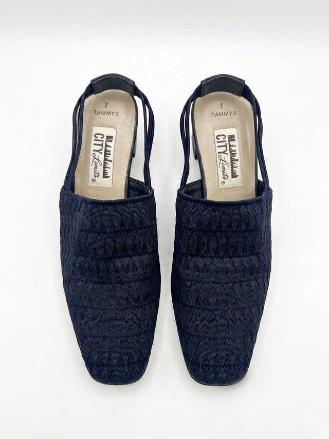 Vintage 90s City Limits Navy Blue Woven Slingback Block Heels