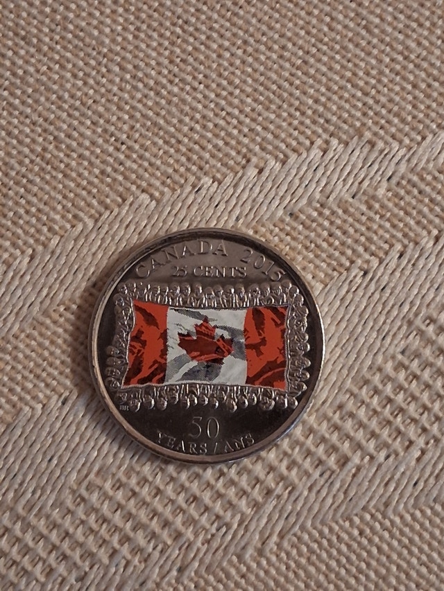 2015 Canada 25 Cents Coloured 50th Anniv. Canadian Flag Coin