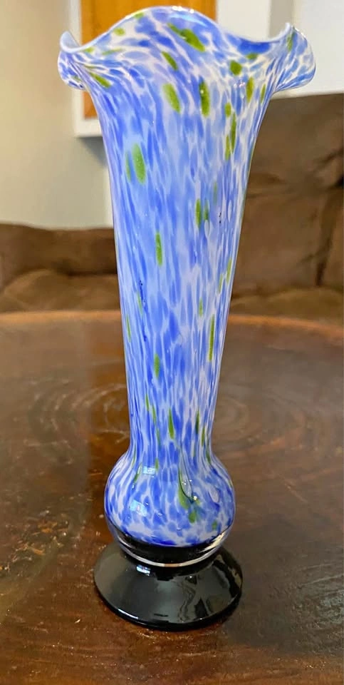 Hand-Blown Blue and Green Spatter Glass Ruffled Vase