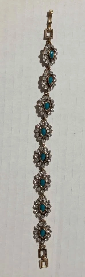 Vintage Style Gold-Tone Turquoise and Rhinestone Link Bracelet