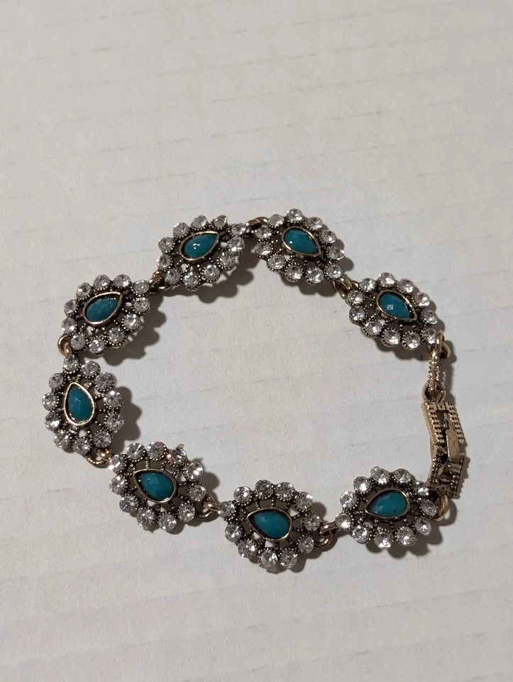 Vintage Style Gold-Tone Turquoise and Rhinestone Link Bracelet - photo 2