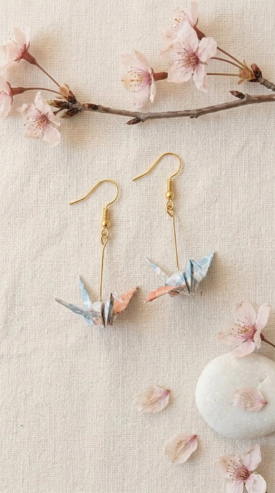 Handmade Origami Crane Earrings | Japanese Chiyogami Paper - photo 3