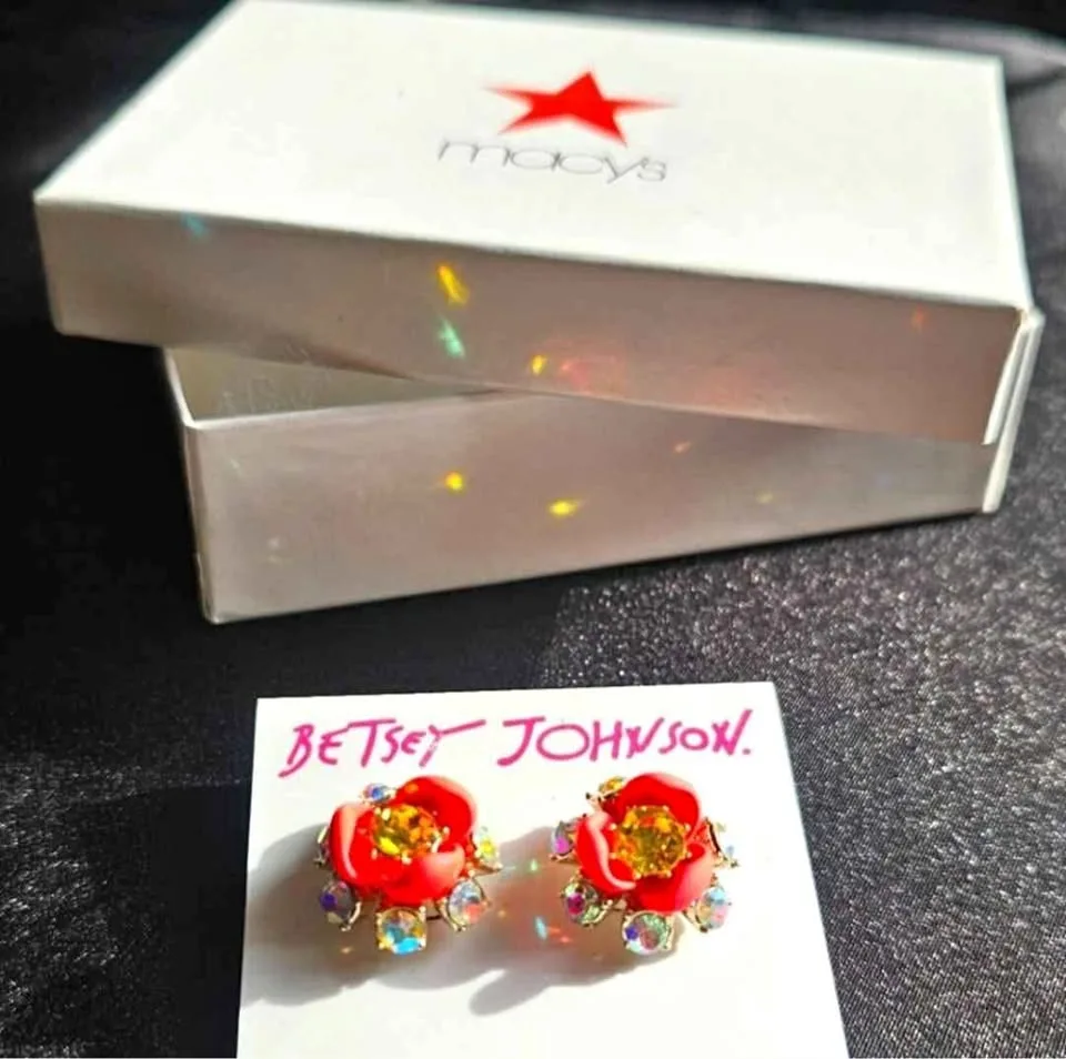 Betsey Johnson Pink Rhinestone Floral Studs Macy's Box thumbnail
