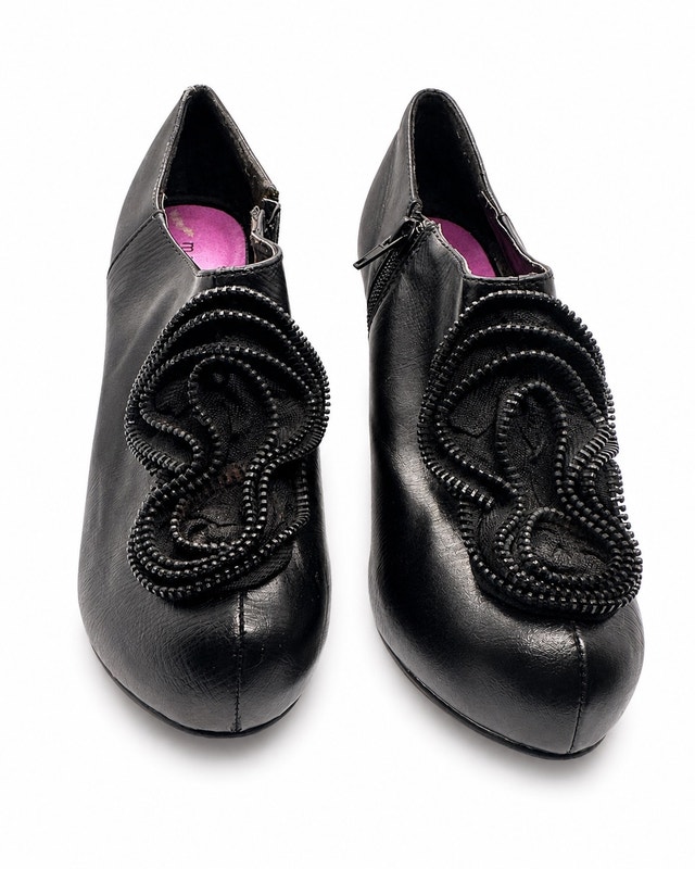 Madden Girl Black Faux Leather Zipper Flower Heels