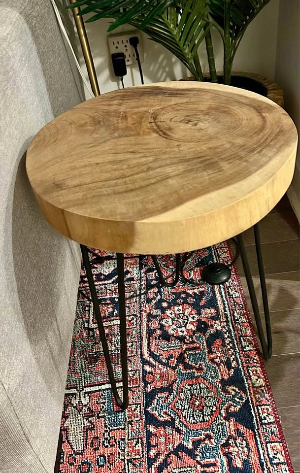 Rustic solid wood side table with black metal hairpin legs