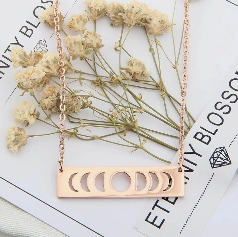 Rose Gold Moon Phase Bar Necklace — Celestial Minimalist Jewelry