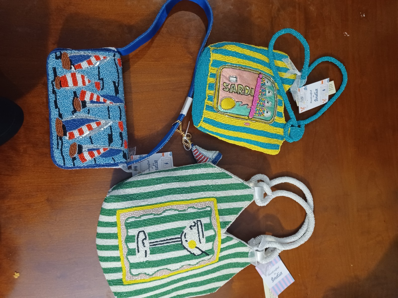 3 Bag Lot Handcrafted Made In India Sardines Boats Beaded Bag