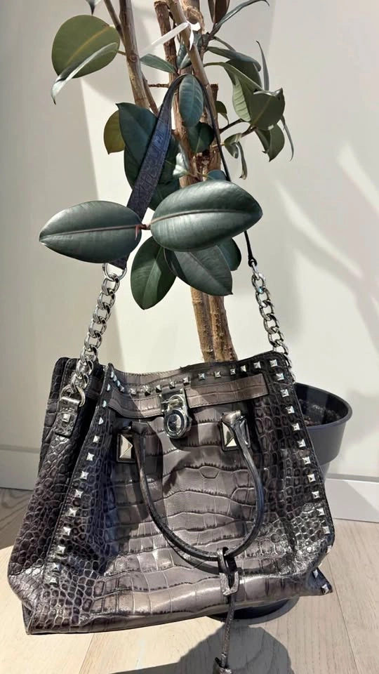 Michael Kors Black Studded Satchel (Croc-Embossed)