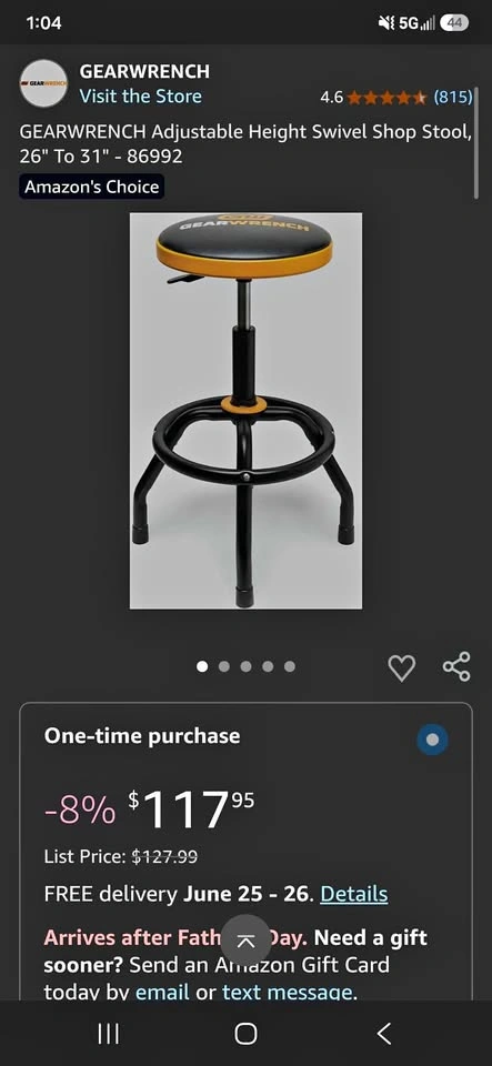GEARWRENCH Adjustable Height Swivel Shop Stool, 26" To 31" - 869