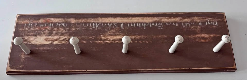 Wooden wall hook rack with 5 white shaker-style pegs