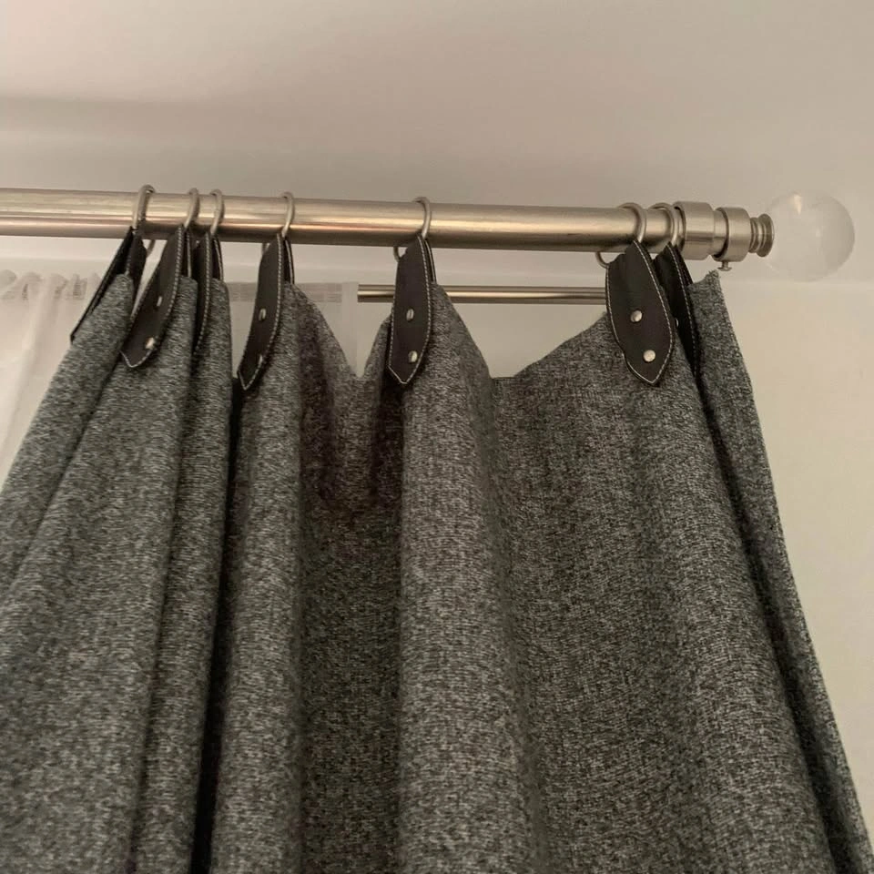 Blackout dark grey curtains with faux leather straps - 94” long - photo 2
