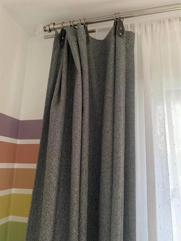 Blackout dark grey curtains with faux leather straps - 94” long - photo 3