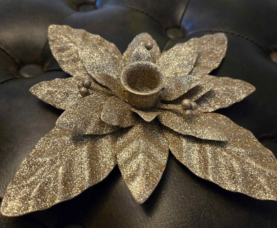 New - Gold Poinsettia Tapered Candle Holder Set of 2 - photo 2