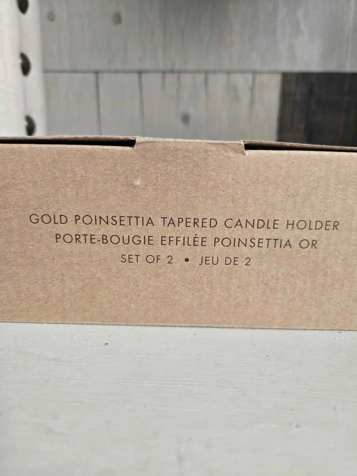 New - Gold Poinsettia Tapered Candle Holder Set of 2 - photo 4