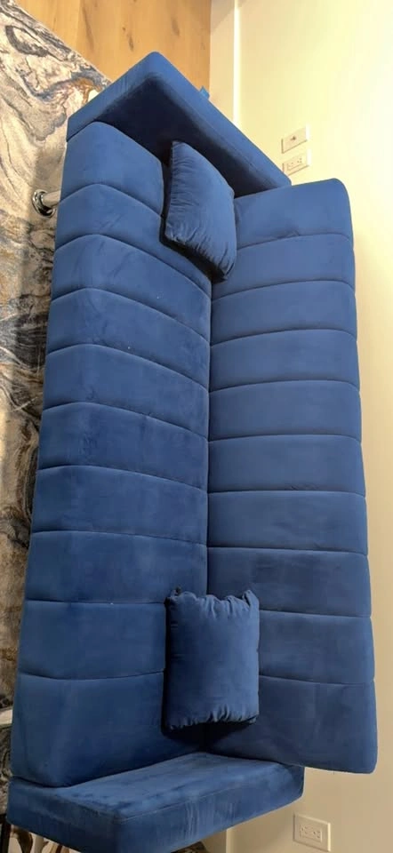Blue Velvet Ribbed Sectional Sofa