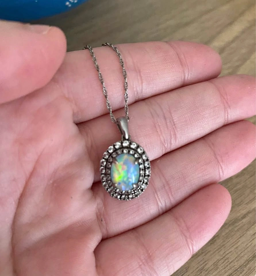 Silver opal and diamond necklace from crescent jewellers
