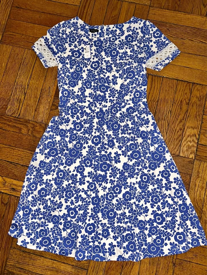 Talbots Blue & White Floral Cotton Fit-n-Flare Dress - NEW XS ⚽️